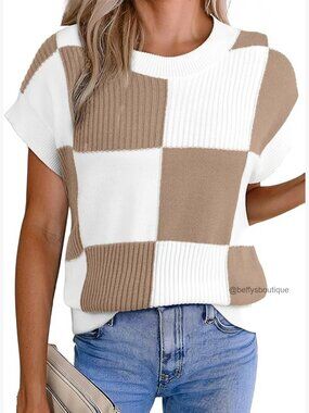 Color Block Knit Cap Sleeve Sweater Vest Pullover